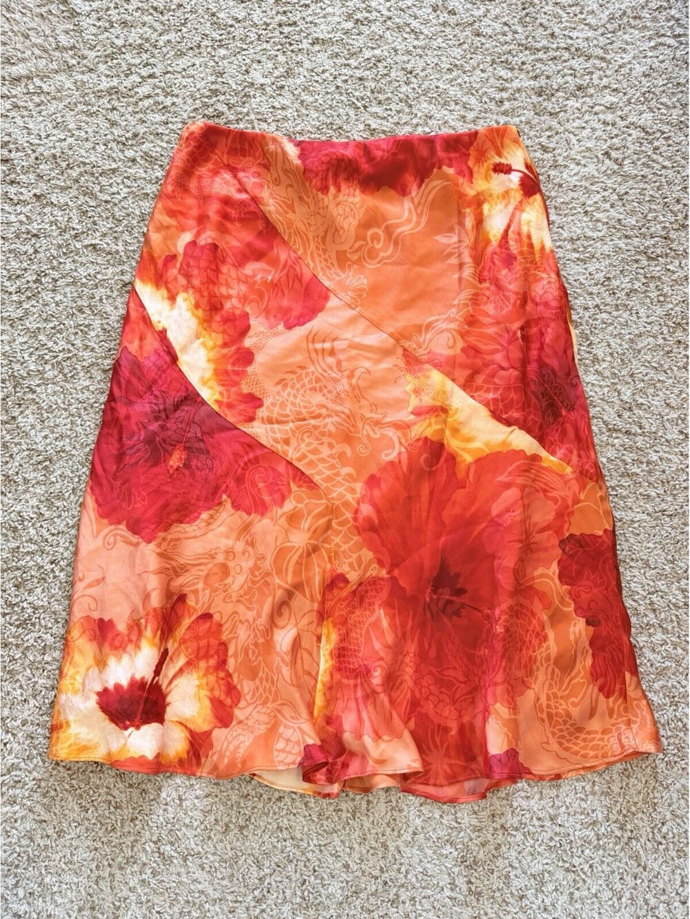 Carolina Herrera Orange Red Floral Dragon Satin Silk A-line Midi Skirt Sz 12 Y2K